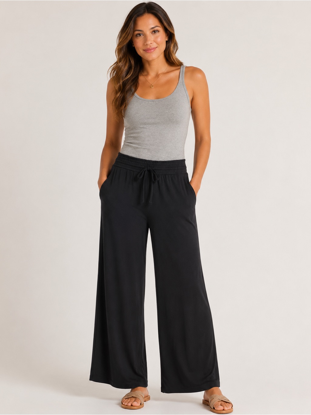 . 1587. Black Wide Leg Lounge Pants Soft Pull-On Casual Palazzo Trousers